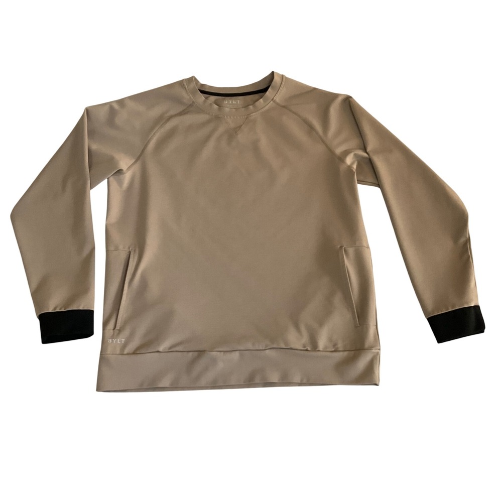 BYLT Premium Crewneck Sweatshirt Mens Large Tan Black Cuffs Pockets Raglan